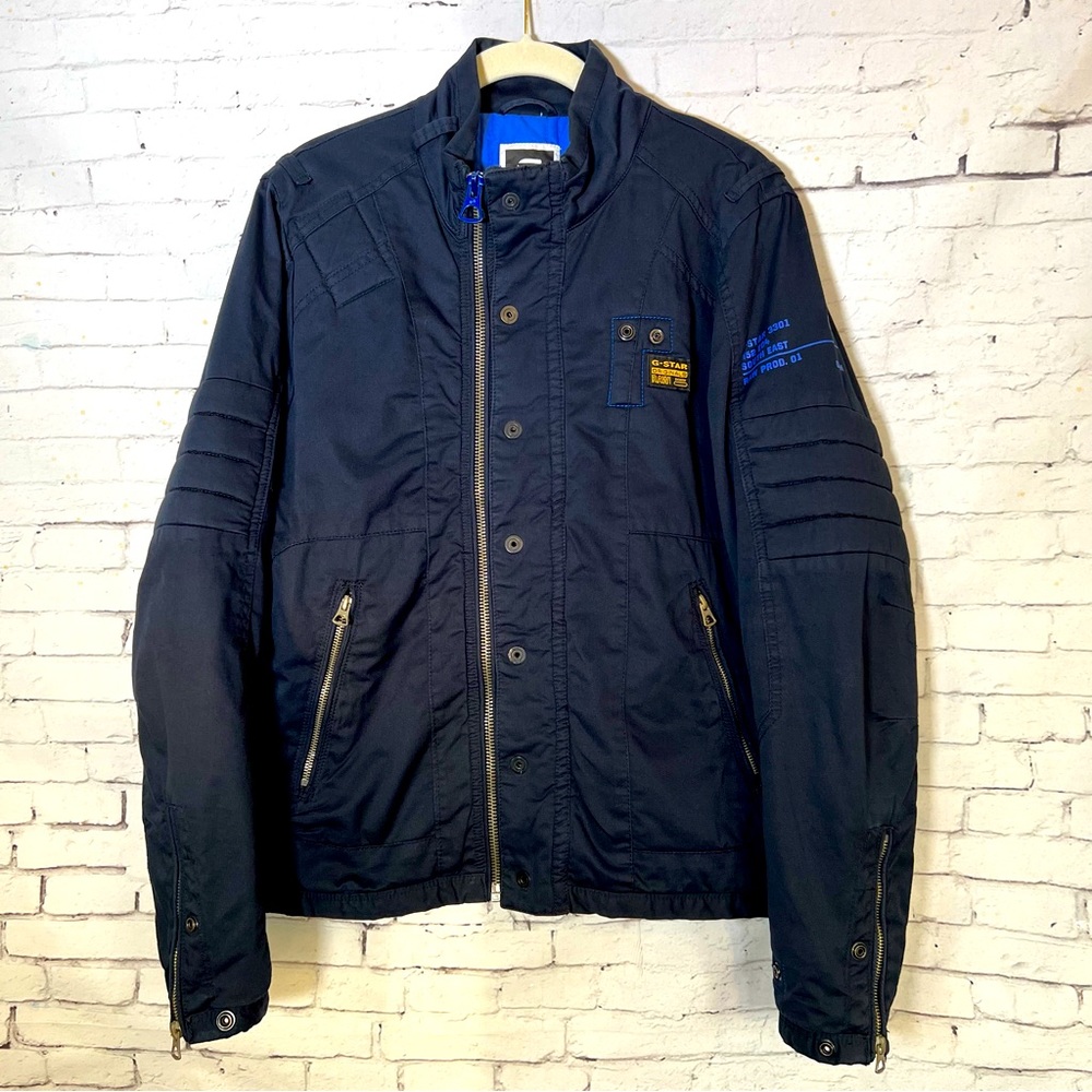 RARE HTF G-STAR Raw Originals Denim MFD Biker Bomber Jacket Size Medium EUC